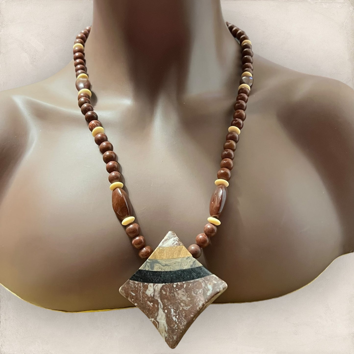 Red Jasper & Marble Inlay Vintage Beaded Necklace
