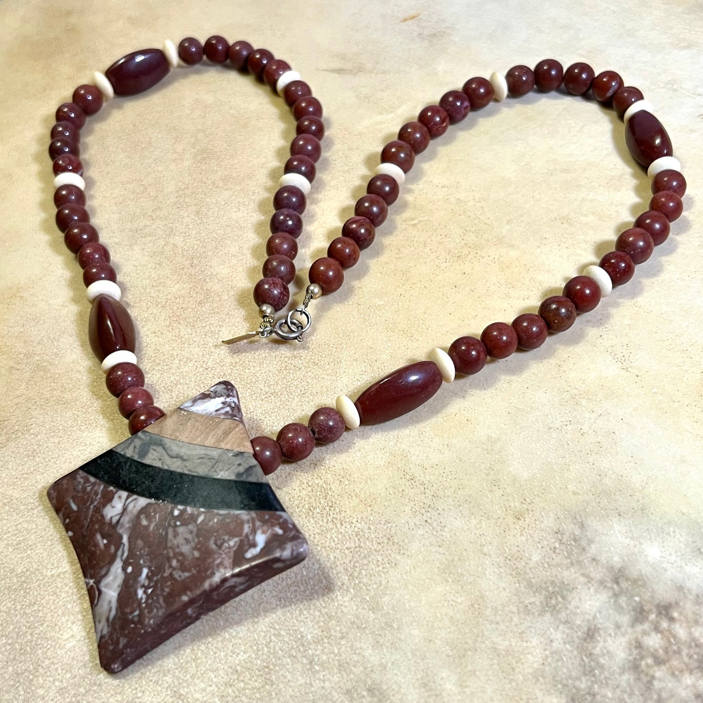 Red Jasper & Marble Inlay Vintage Beaded Necklace