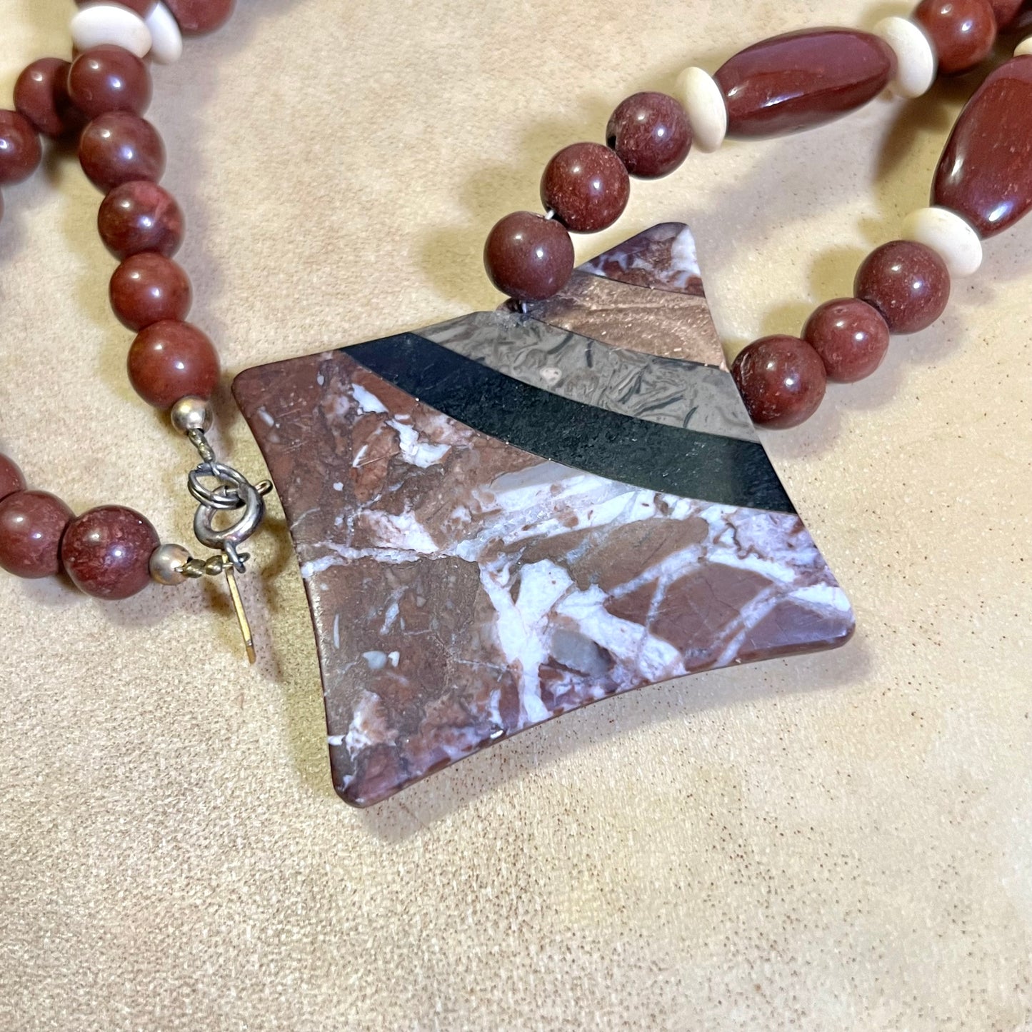 Red Jasper & Marble Inlay Vintage Beaded Necklace
