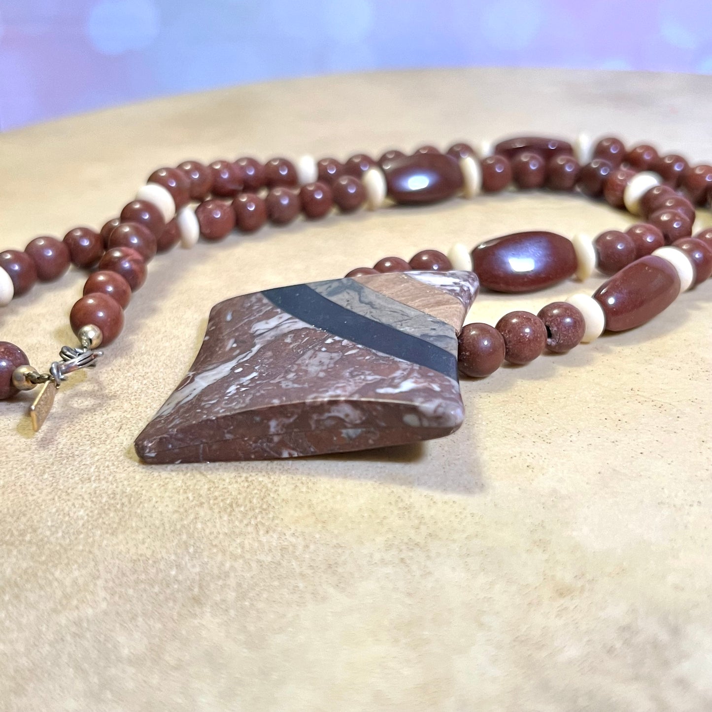 Red Jasper & Marble Inlay Vintage Beaded Necklace