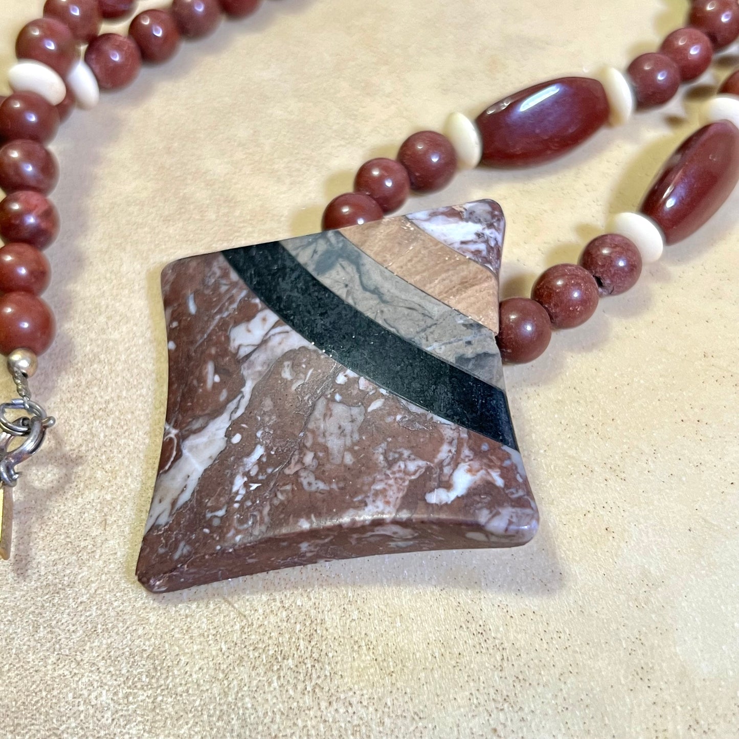 Red Jasper & Marble Inlay Vintage Beaded Necklace