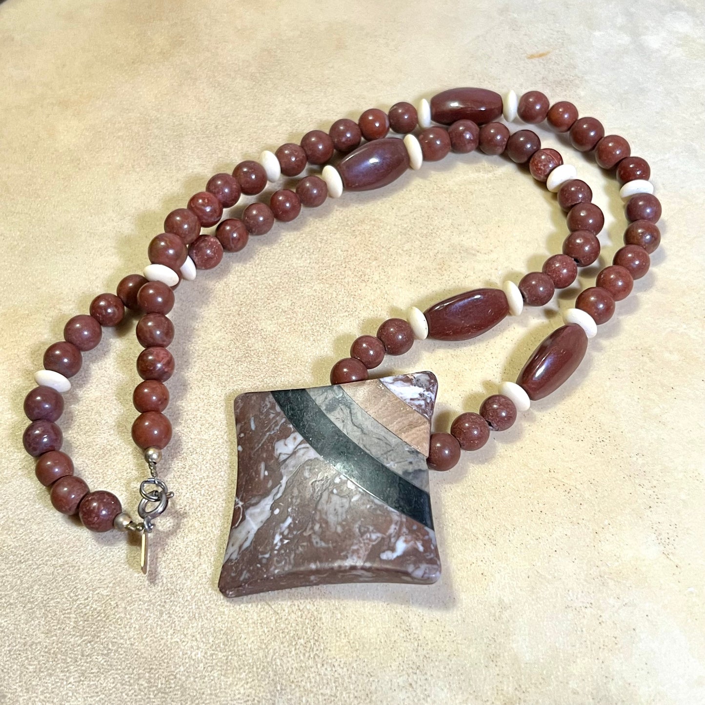 Red Jasper & Marble Inlay Vintage Beaded Necklace
