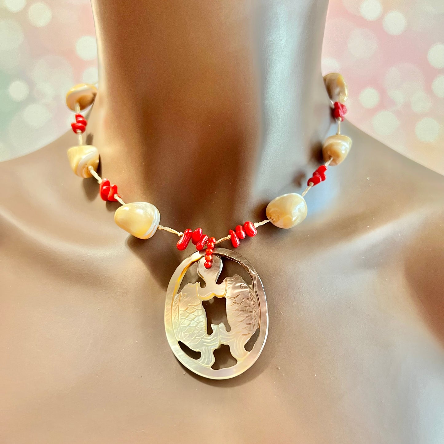 Mother of Pearl & Red Coral Carved Fish Necklace with Sterling Silver - Vintage