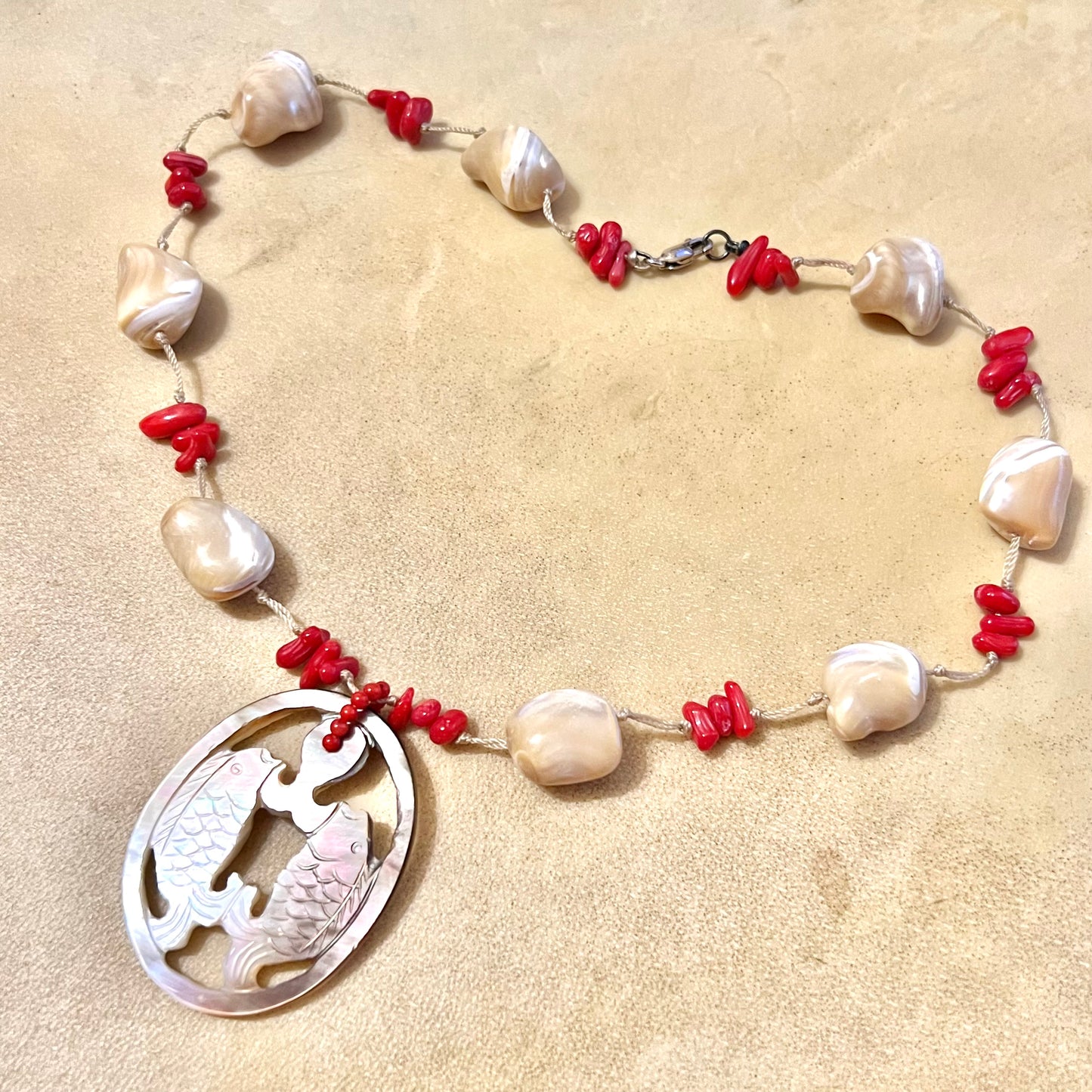 Mother of Pearl & Red Coral Carved Fish Necklace with Sterling Silver - Vintage