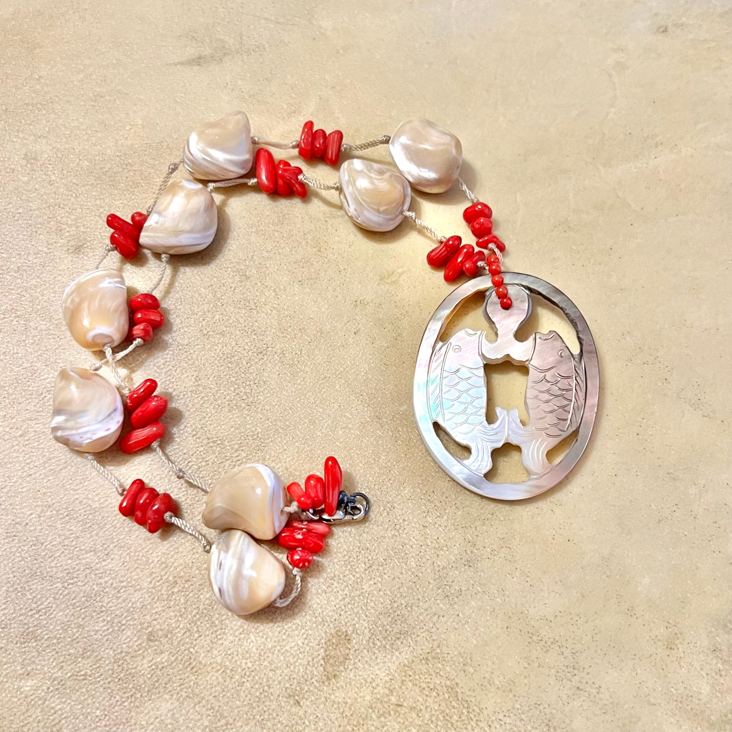 Mother of Pearl & Red Coral Carved Fish Necklace with Sterling Silver - Vintage