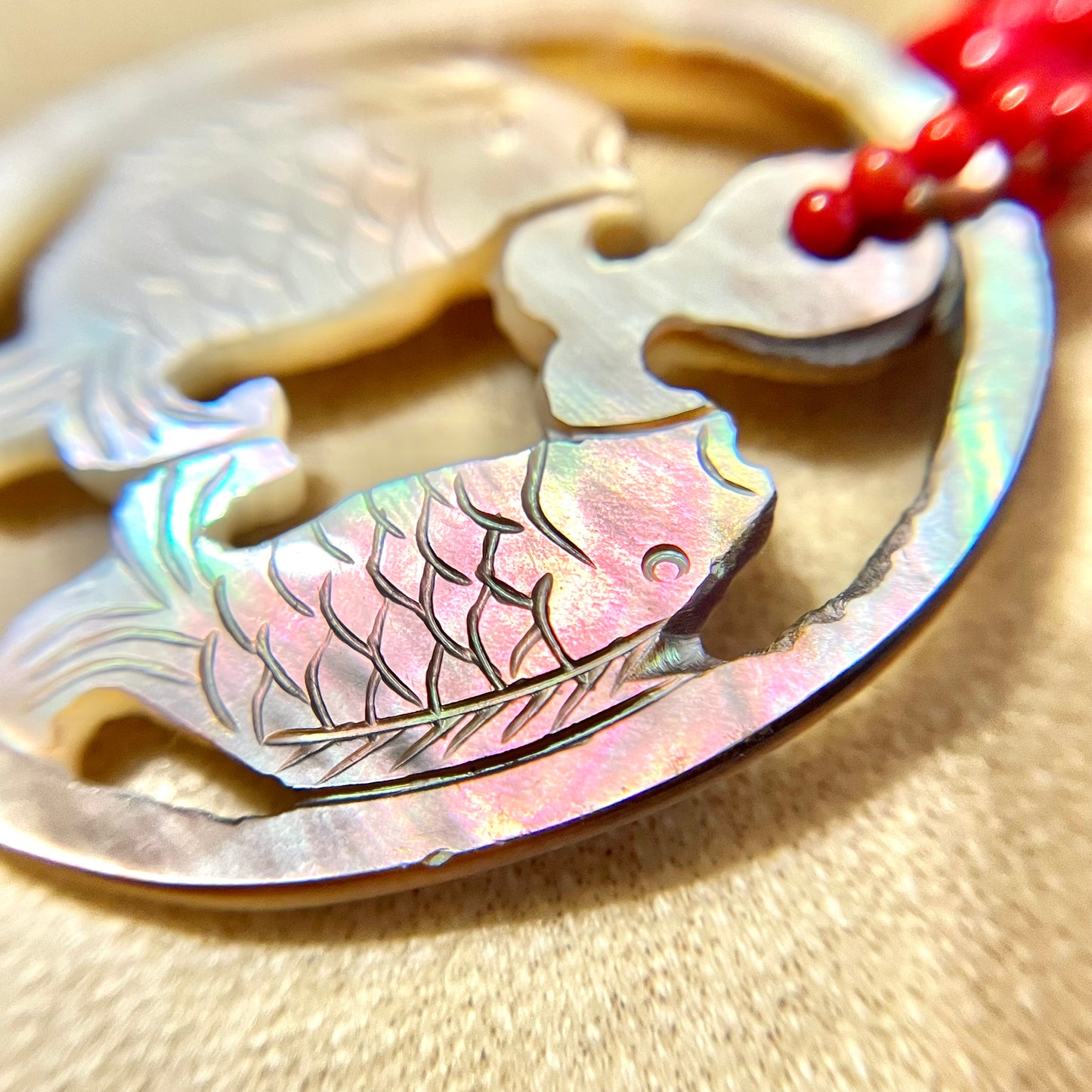 Mother of Pearl & Red Coral Carved Fish Necklace with Sterling Silver - Vintage
