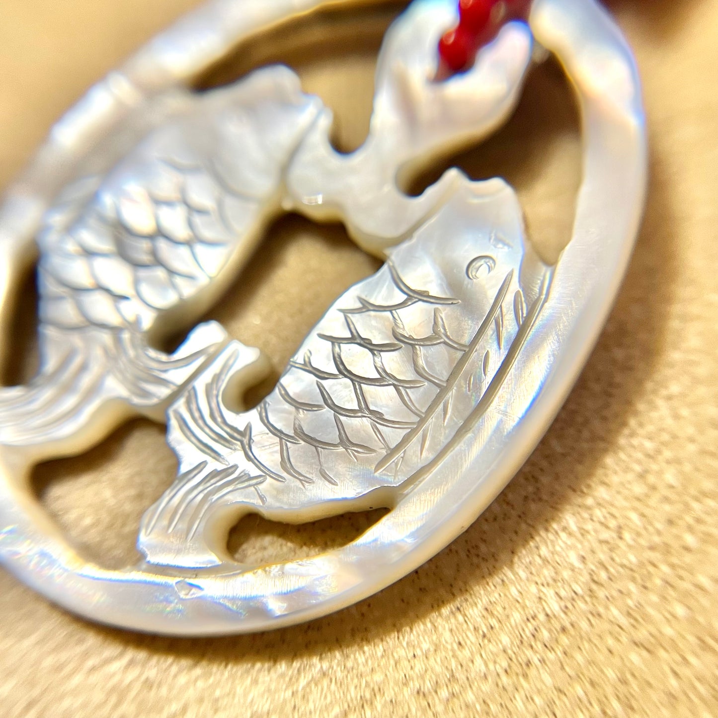 Mother of Pearl & Red Coral Carved Fish Necklace with Sterling Silver - Vintage