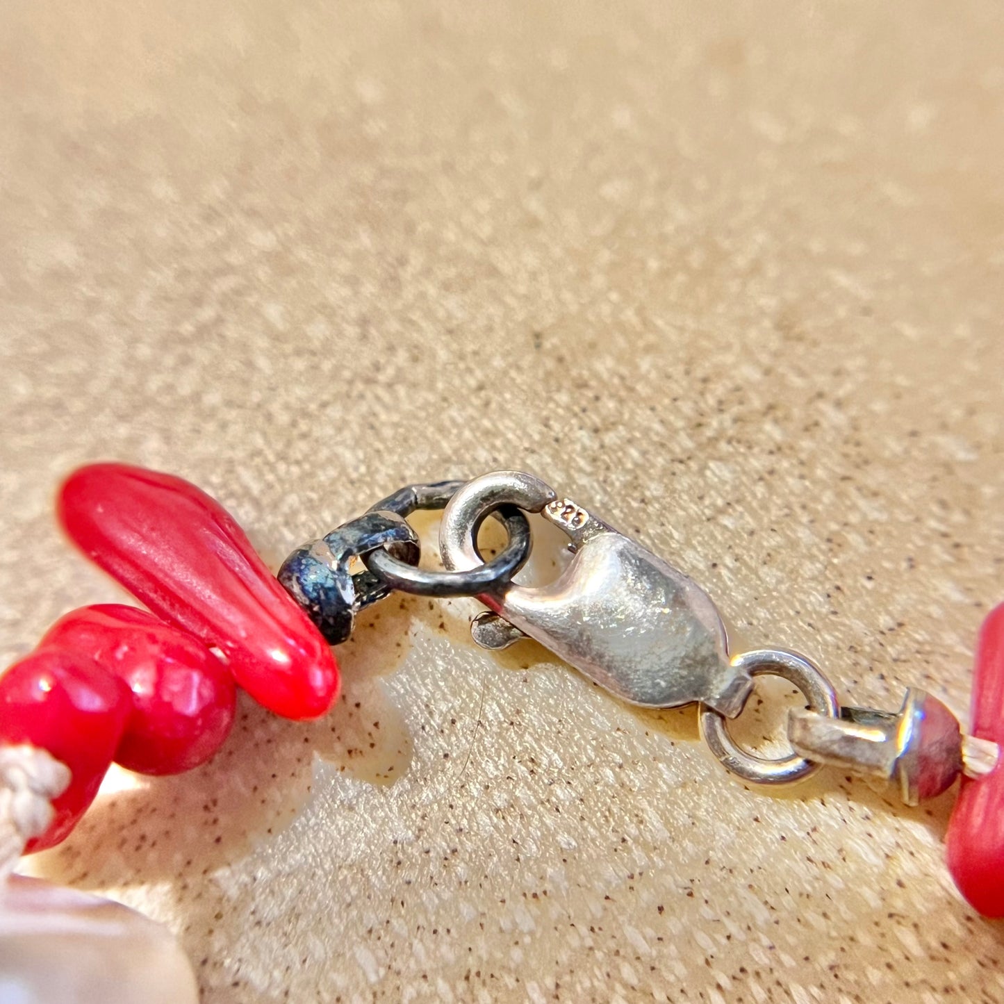 Mother of Pearl & Red Coral Carved Fish Necklace with Sterling Silver - Vintage
