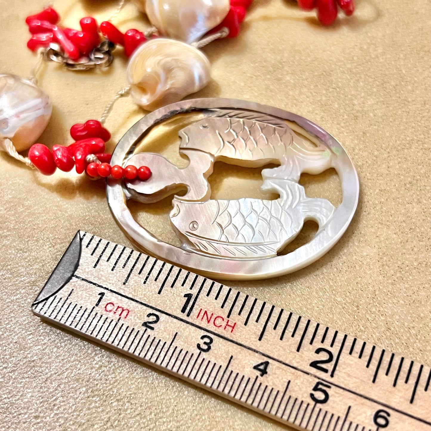 Mother of Pearl & Red Coral Carved Fish Necklace with Sterling Silver - Vintage