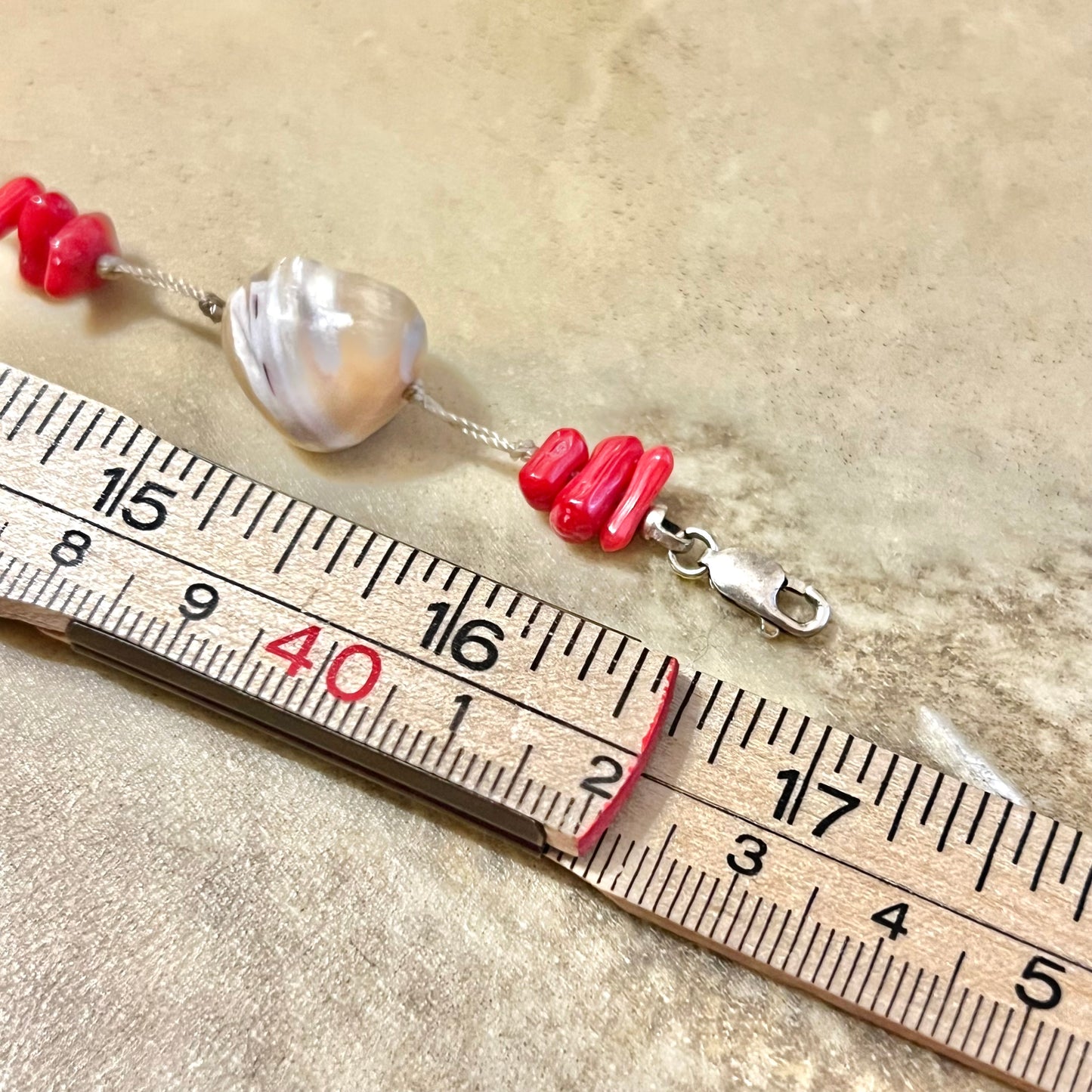 Mother of Pearl & Red Coral Carved Fish Necklace with Sterling Silver - Vintage