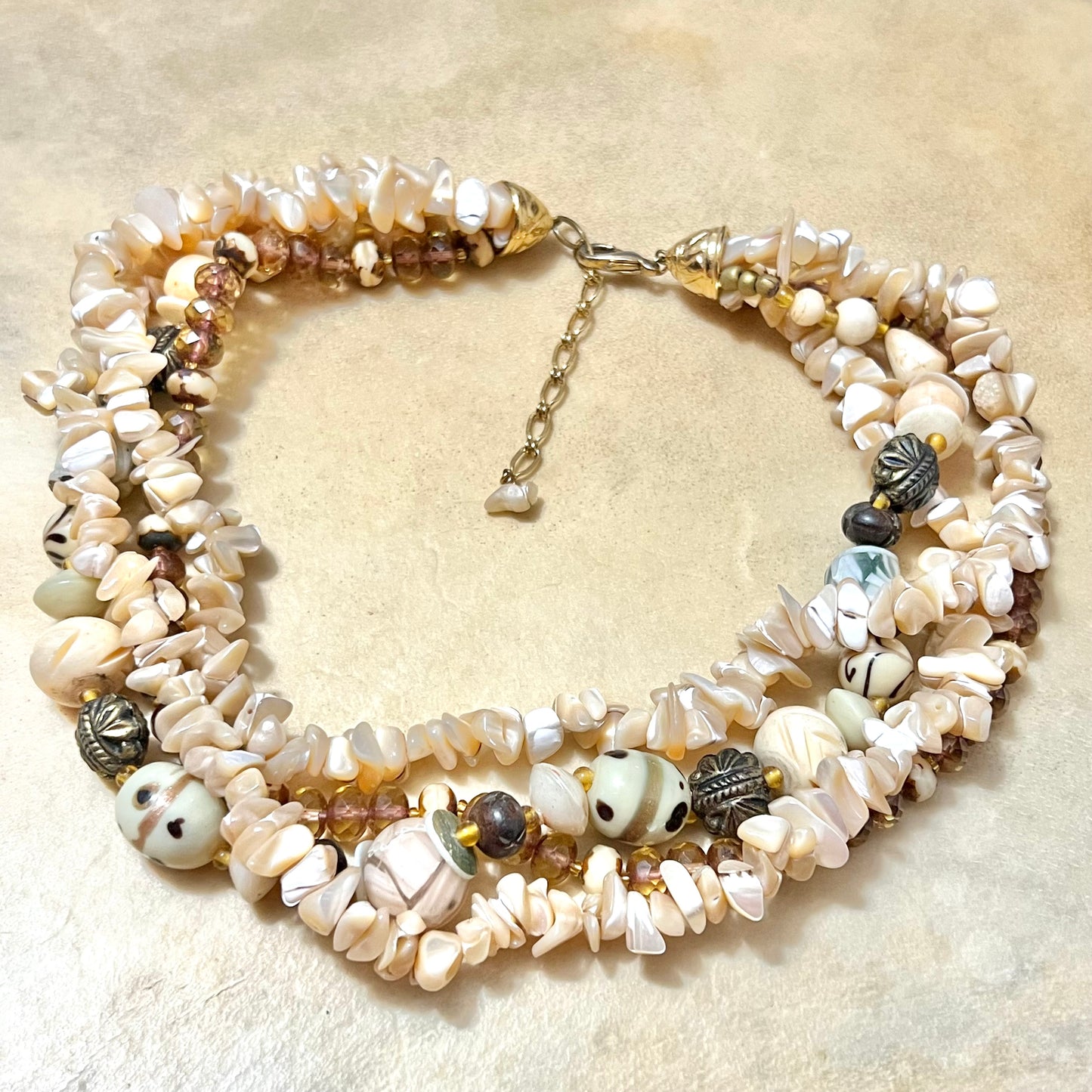 Vintage Mother of Pearl & Lampwork Glass Beaded Necklace