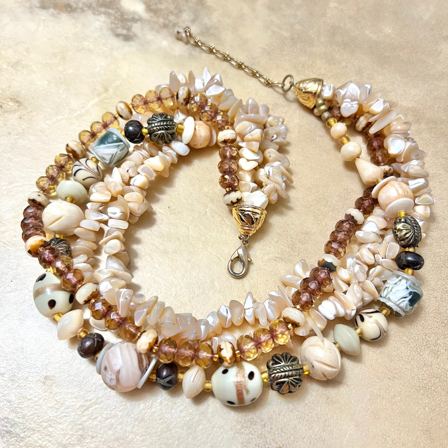 Vintage Mother of Pearl & Lampwork Glass Beaded Necklace