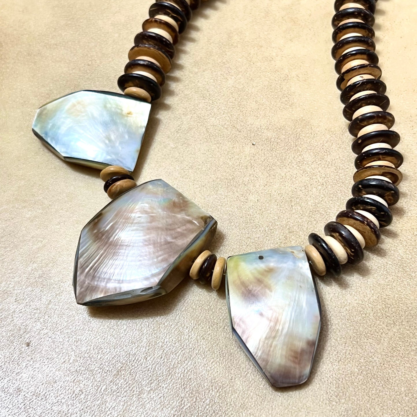 Mother of Pearl Abalone & Wood Beaded Necklace - Vintage