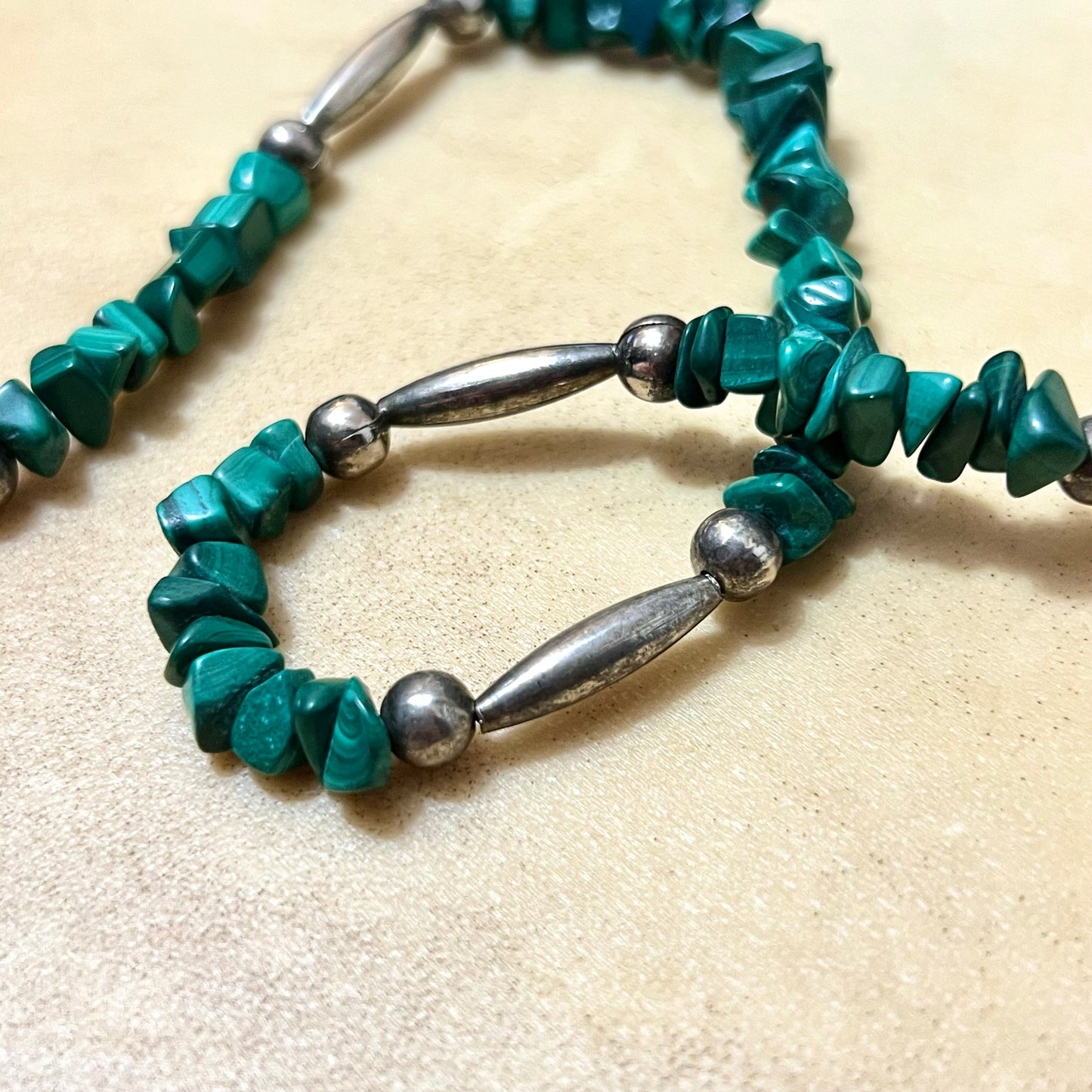 Malachite Chip & Silver Tone Crystal Beaded Necklace - Vintage