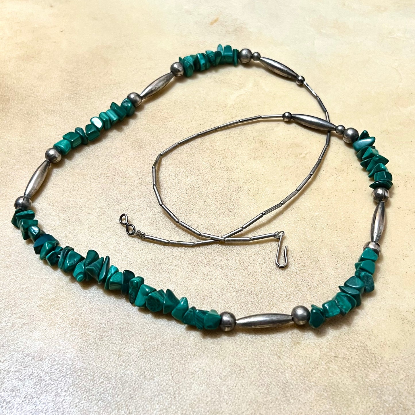 Malachite Chip & Silver Tone Crystal Beaded Necklace - Vintage