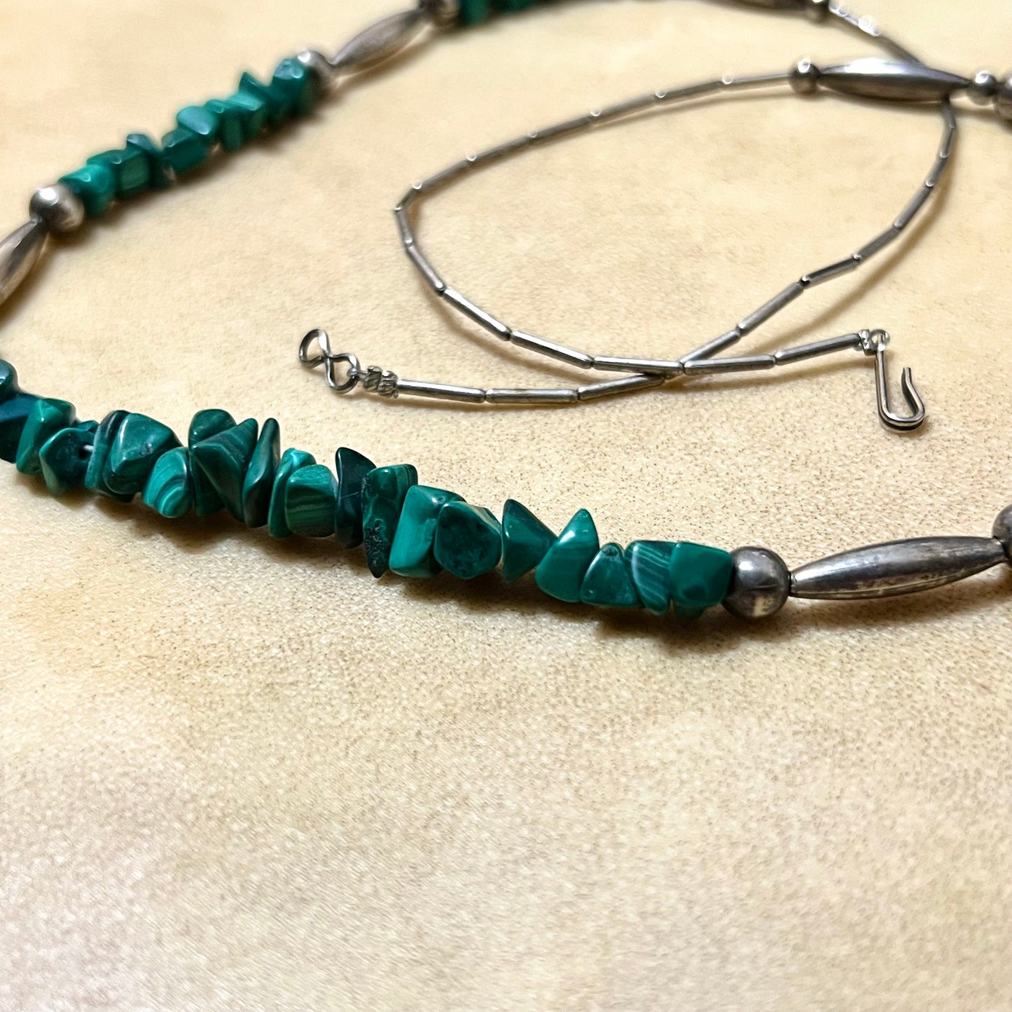 Malachite Chip & Silver Tone Crystal Beaded Necklace - Vintage