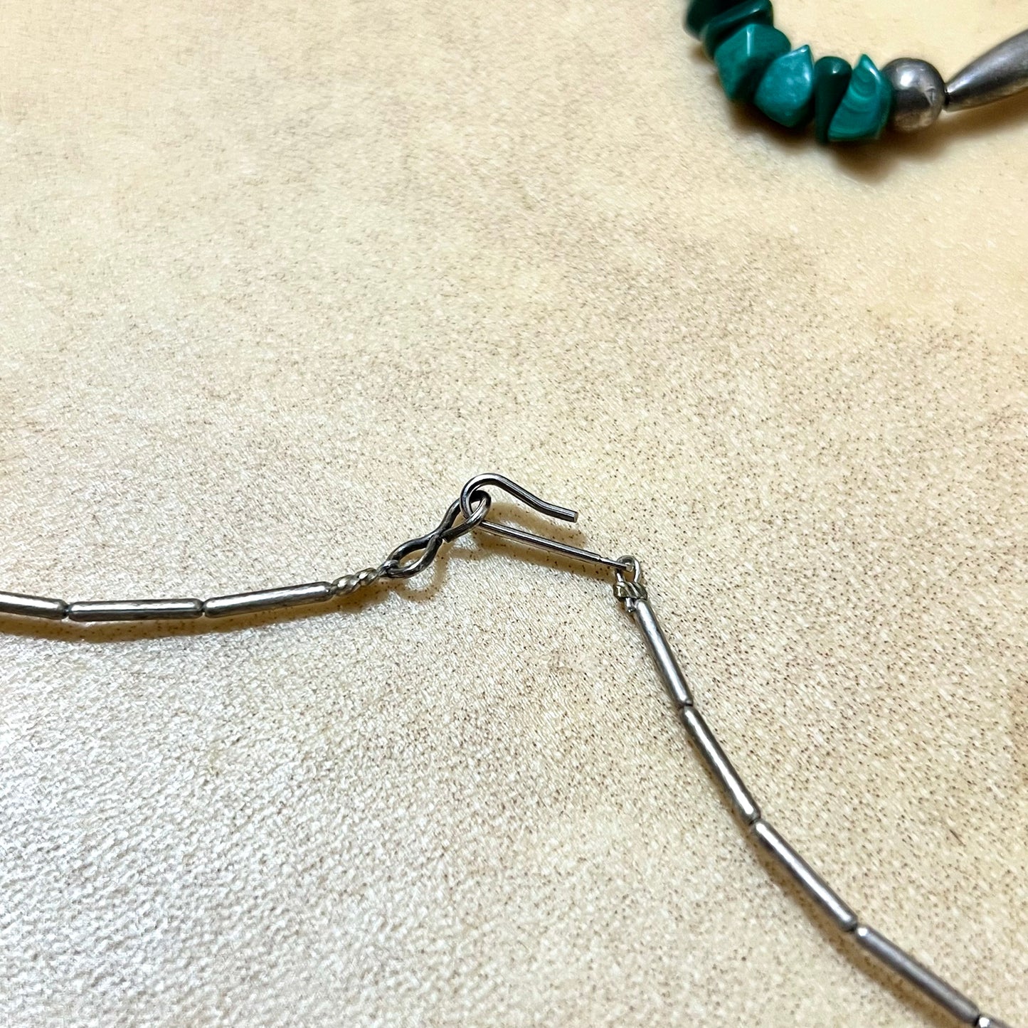 Malachite Chip & Silver Tone Crystal Beaded Necklace - Vintage