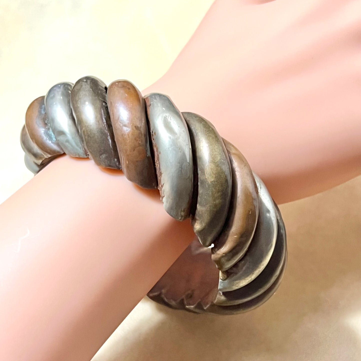 Mixed Metal Over Wood Vintage Bangle Bracelet