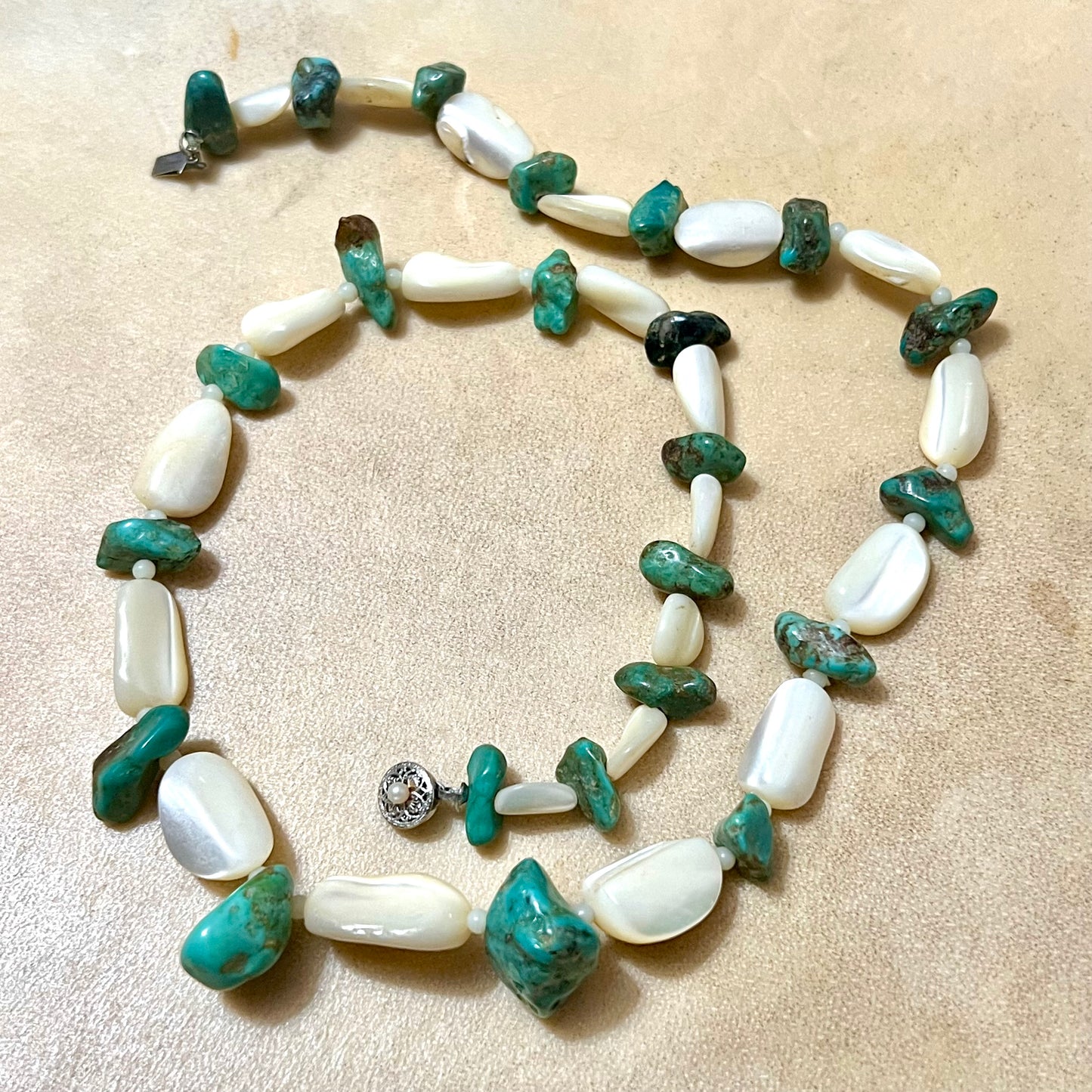 Mother of Pearl & Turquoise Vintage Beaded Necklace in Sterling Silver