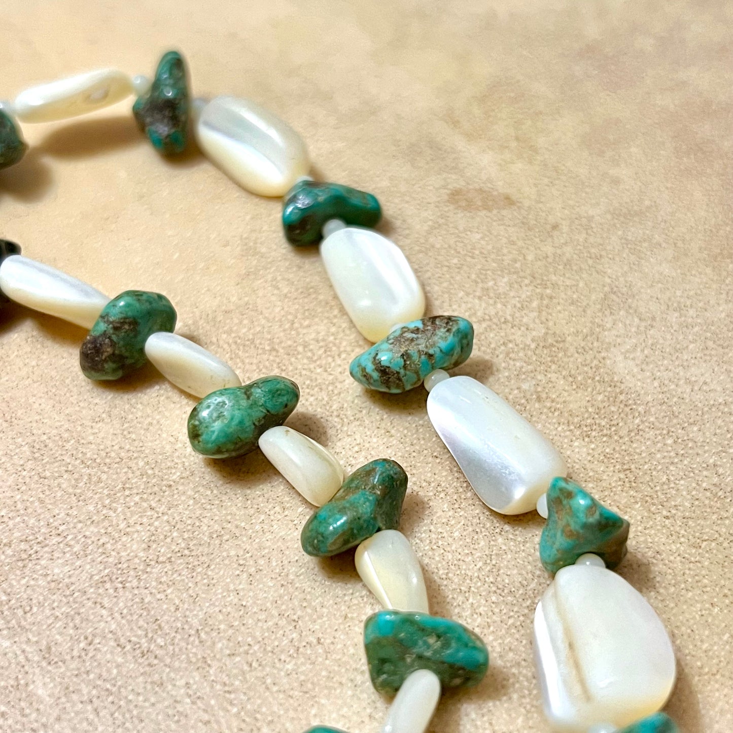 Mother of Pearl & Turquoise Vintage Beaded Necklace in Sterling Silver