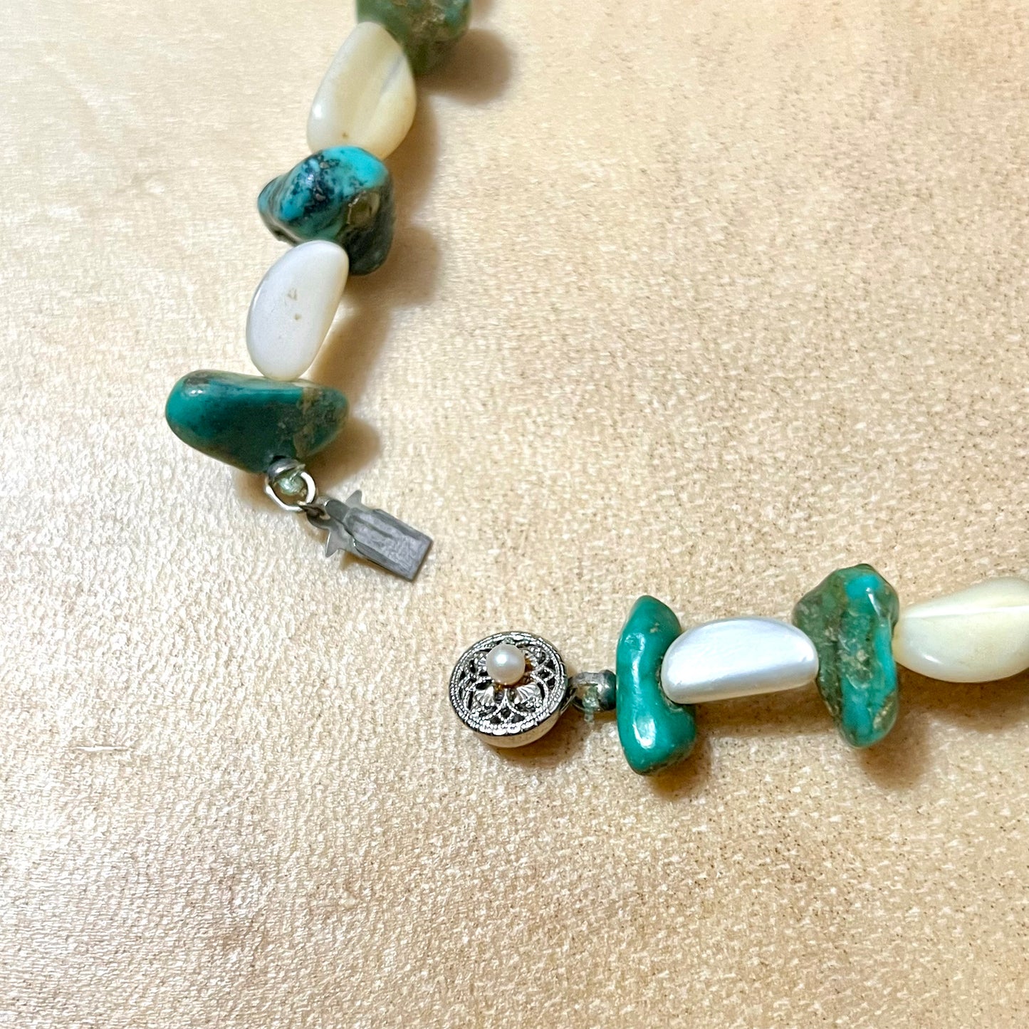 Mother of Pearl & Turquoise Vintage Beaded Necklace in Sterling Silver