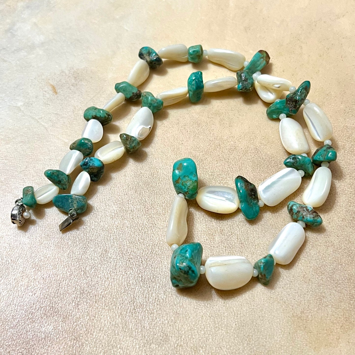Mother of Pearl & Turquoise Vintage Beaded Necklace in Sterling Silver