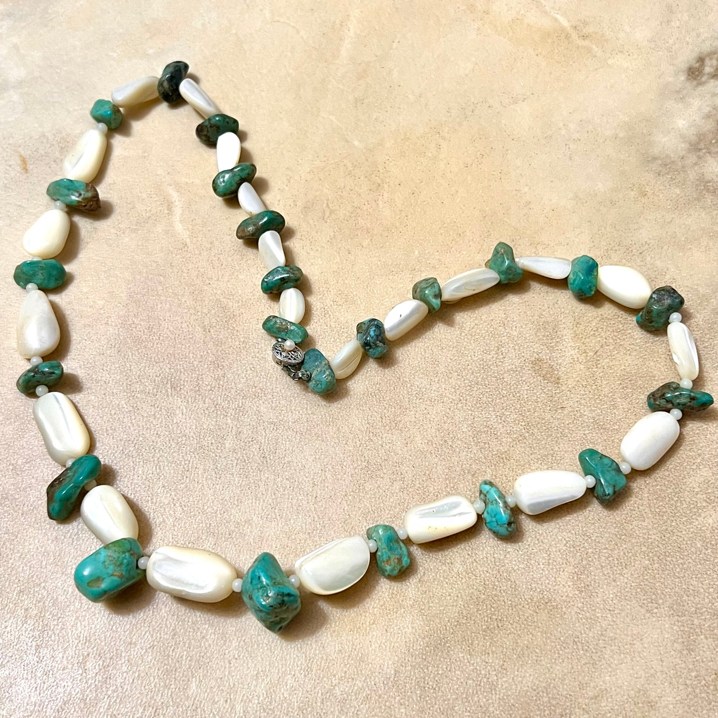 Mother of Pearl & Turquoise Vintage Beaded Necklace in Sterling Silver