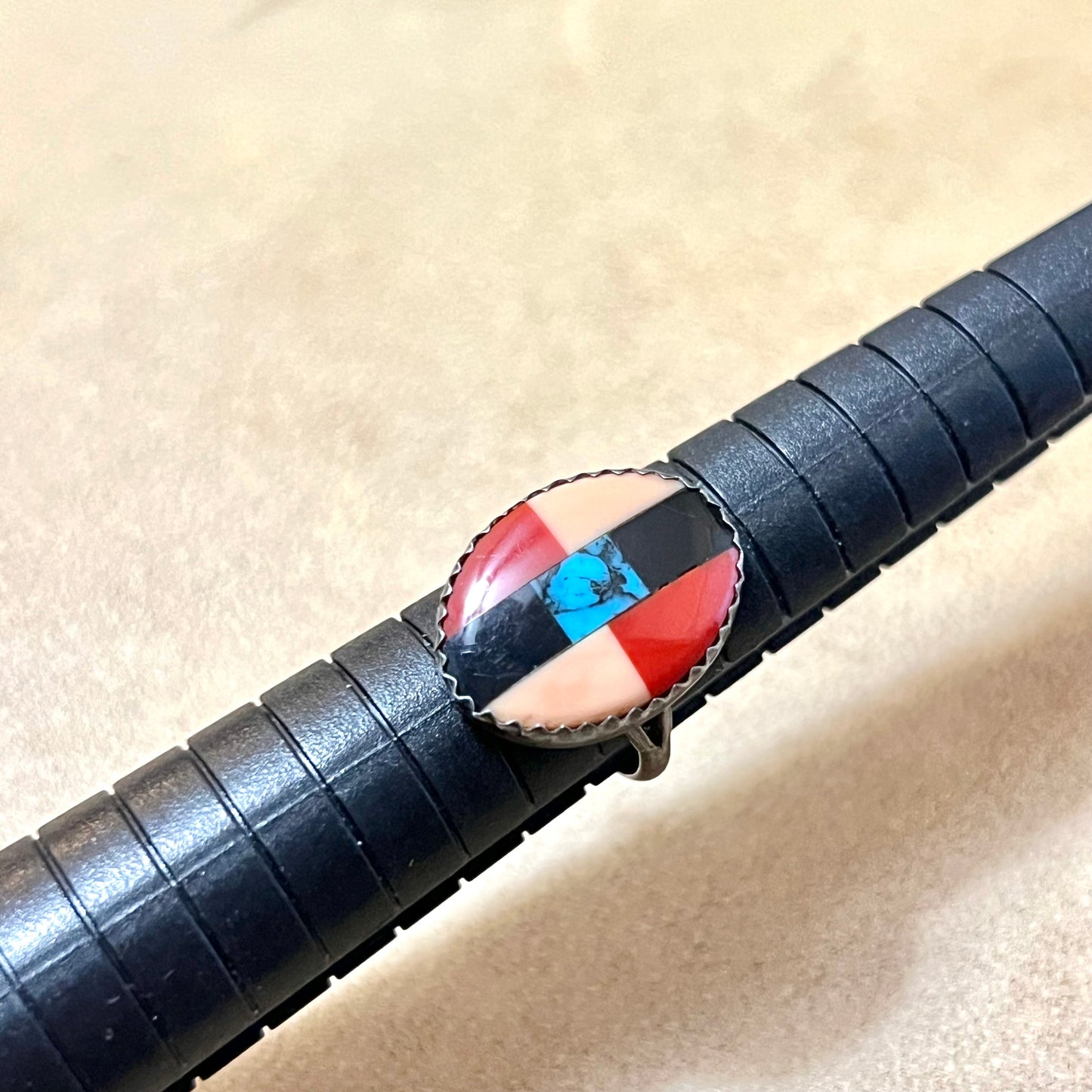 Coral & Turquoise Sterling Silver Inlay Ring Native American Style Size 4.75