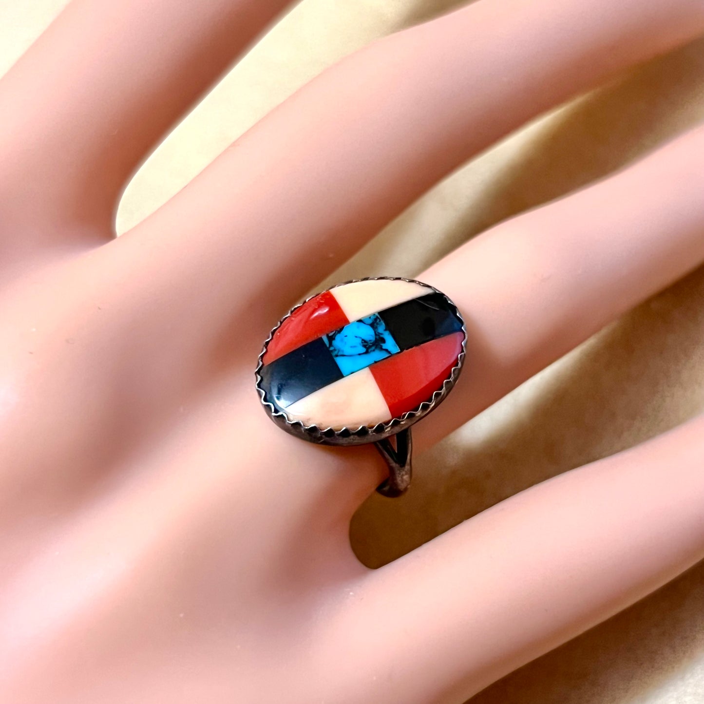 Coral & Turquoise Sterling Silver Inlay Ring Native American Style Size 4.75