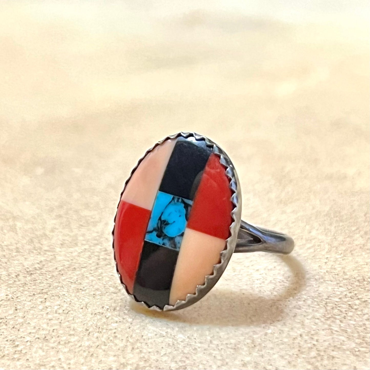 Coral & Turquoise Sterling Silver Inlay Ring Native American Style Size 4.75