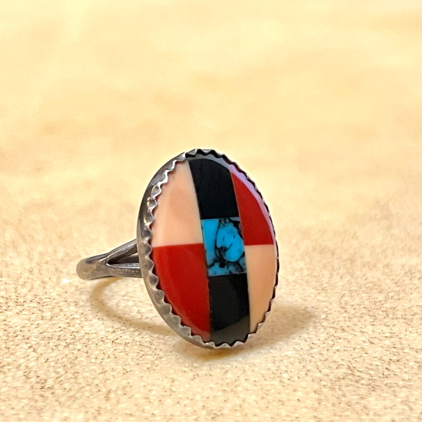 Coral & Turquoise Sterling Silver Inlay Ring Native American Style Size 4.75