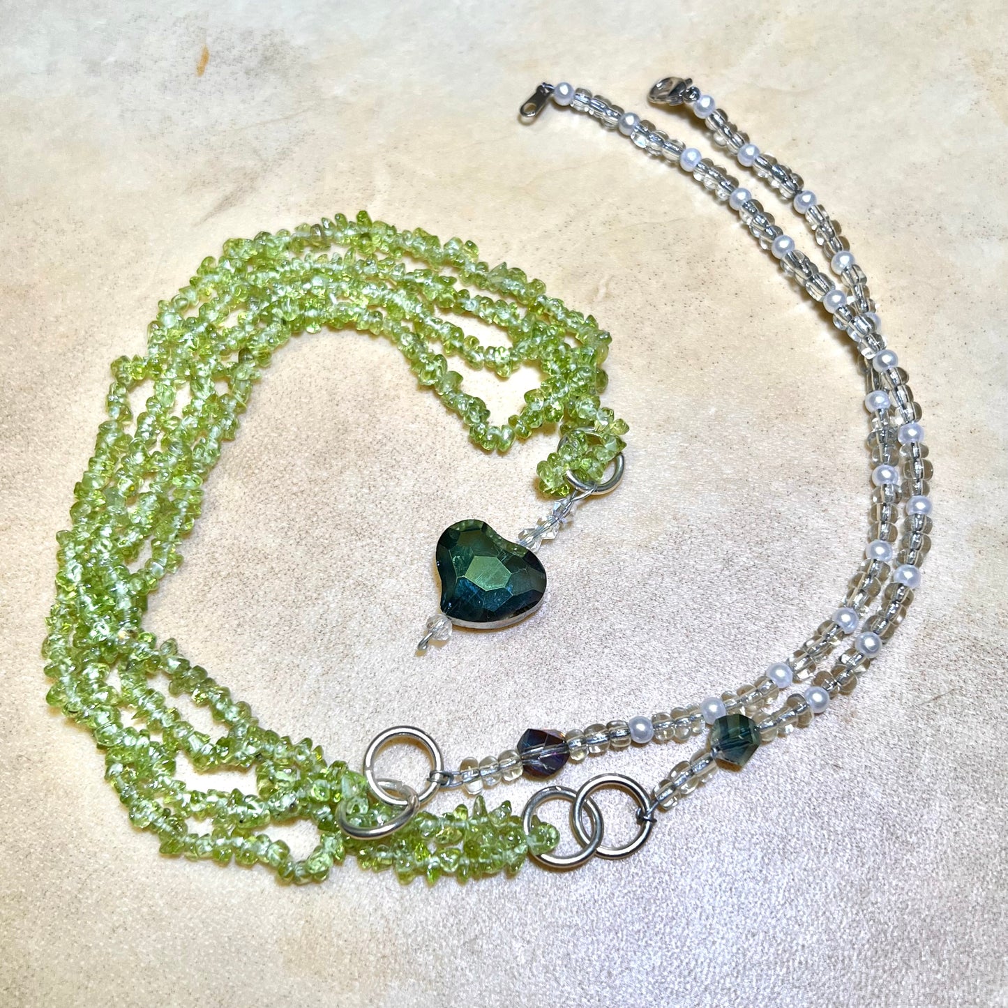 Peridot Crystal Chip & Faceted Glass Heart Vintage Necklace