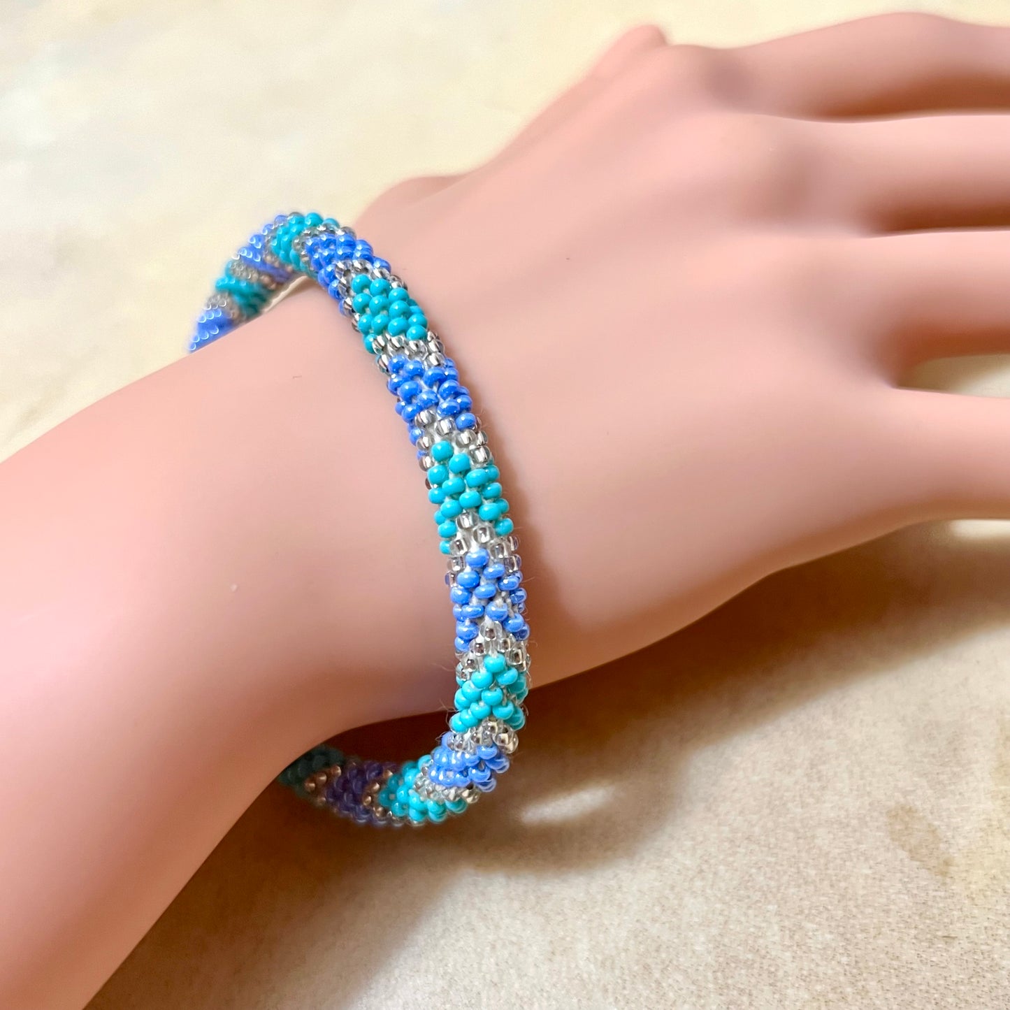 Blue and Green Peyote Beaded Bangle Bracelet - Vintage