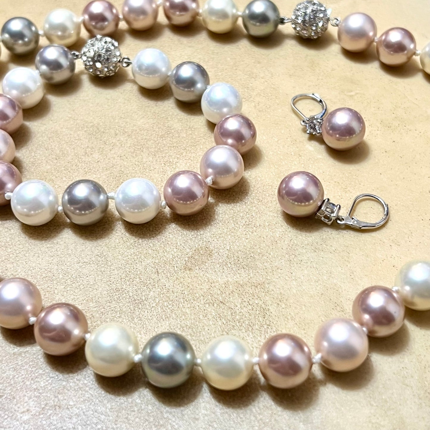 Vintage Imitation Pearl Necklace, Earrings, & Bracelet Set in Sterling Silver