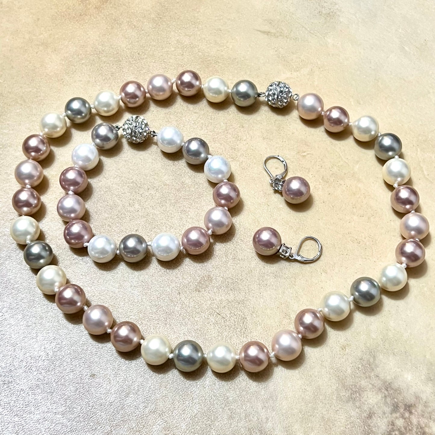 Vintage Imitation Pearl Necklace, Earrings, & Bracelet Set in Sterling Silver
