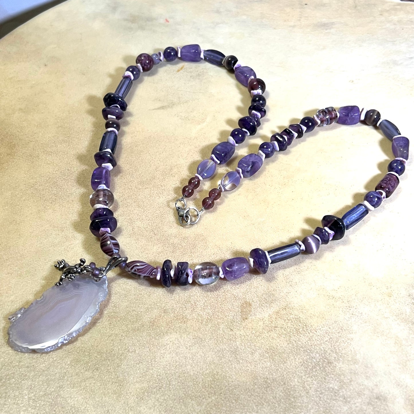 Purple Agate & Crystal Frog Beaded Amethyst Necklace - Vintage