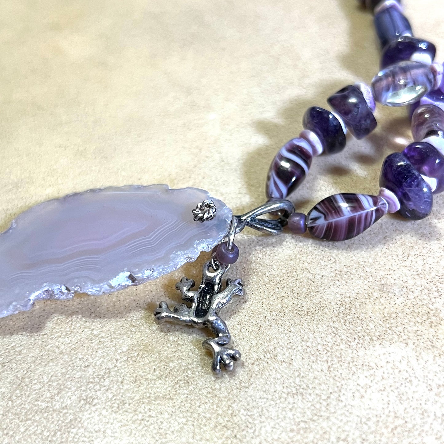 Purple Agate & Crystal Frog Beaded Amethyst Necklace - Vintage