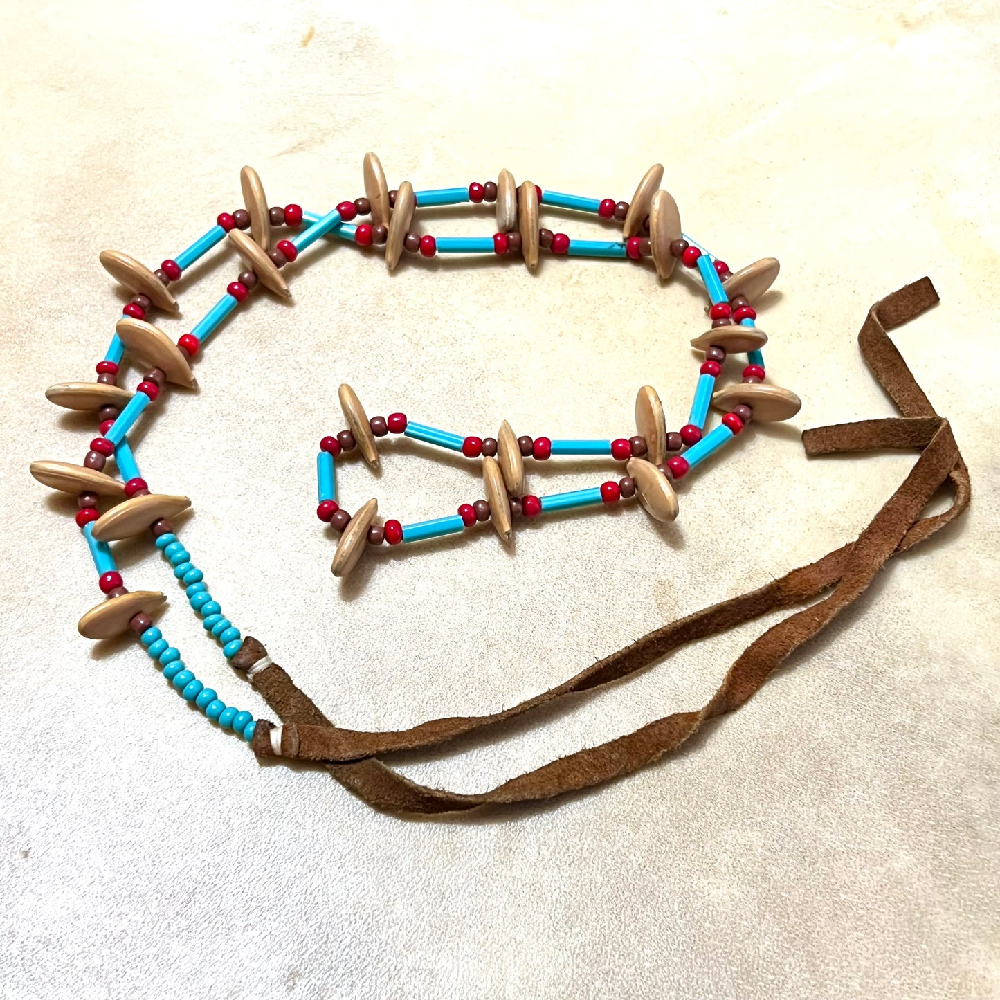 Genuine Seed & Glass Beaded Necklace on Suede Leather - Vintage