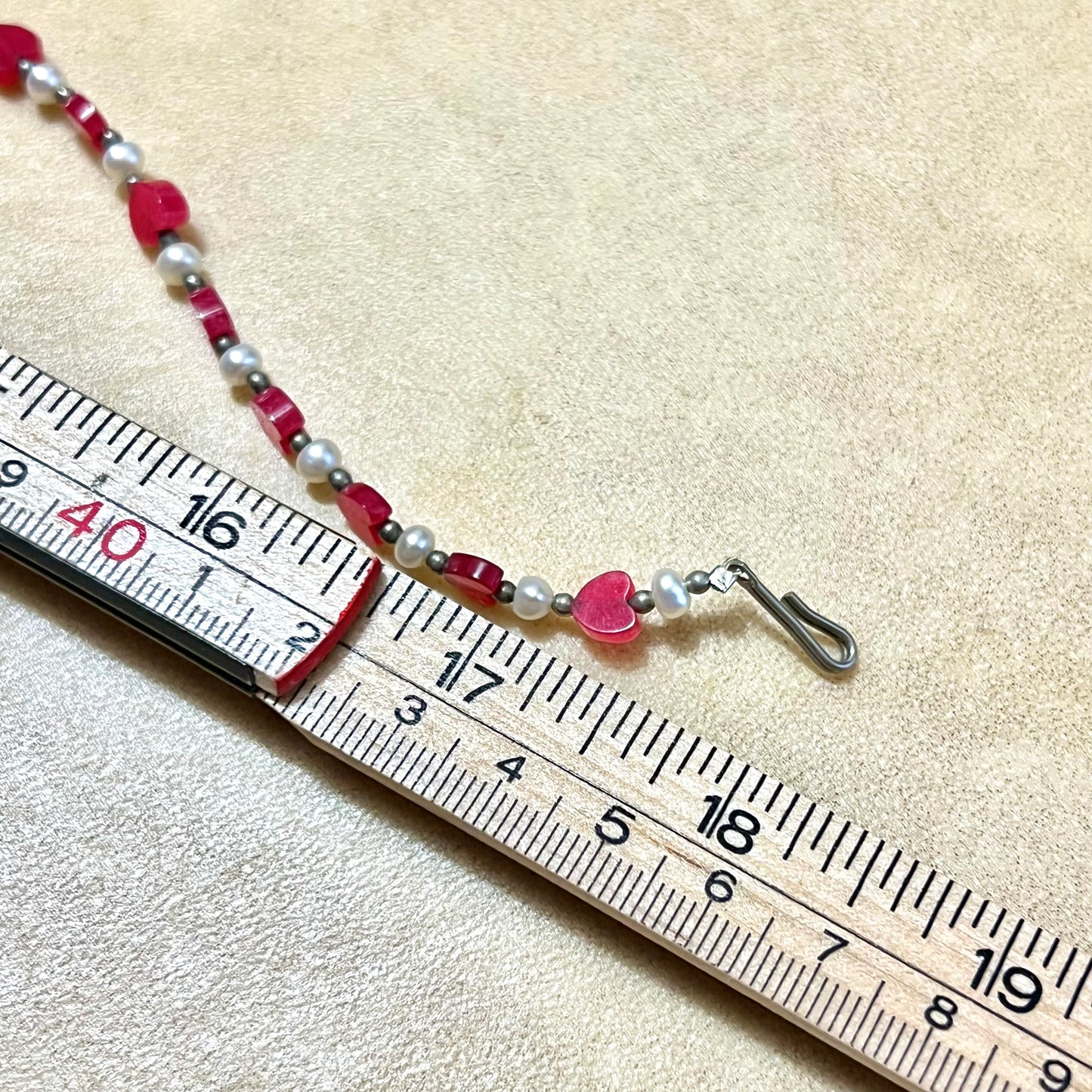 Red Aventurine & Cultured Pearl Heart Beaded Necklace - Vintage