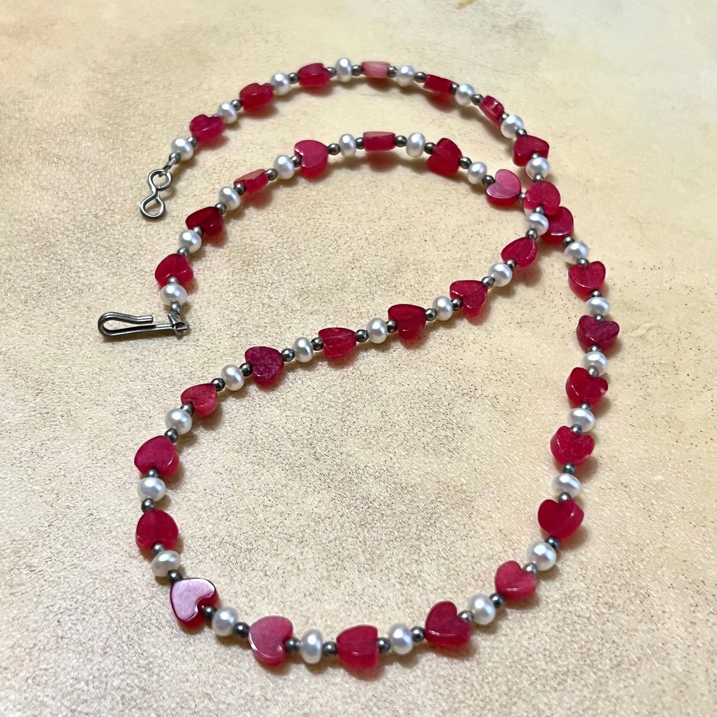Red Aventurine & Cultured Pearl Heart Beaded Necklace - Vintage