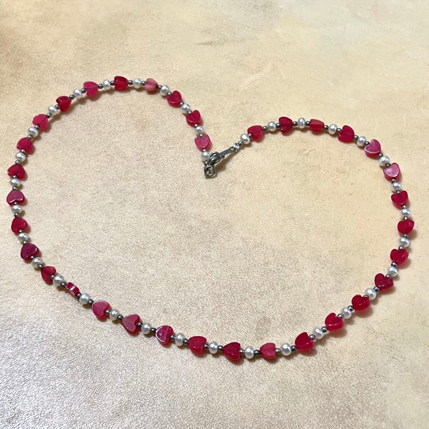 Red Aventurine & Cultured Pearl Heart Beaded Necklace - Vintage