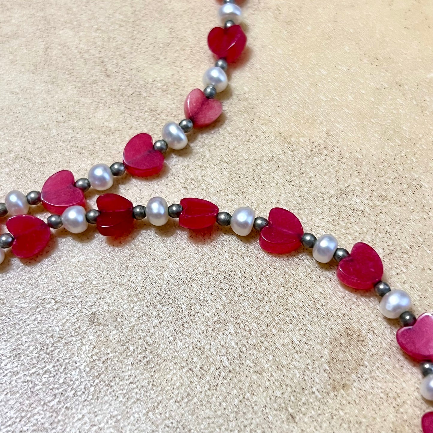 Red Aventurine & Cultured Pearl Heart Beaded Necklace - Vintage