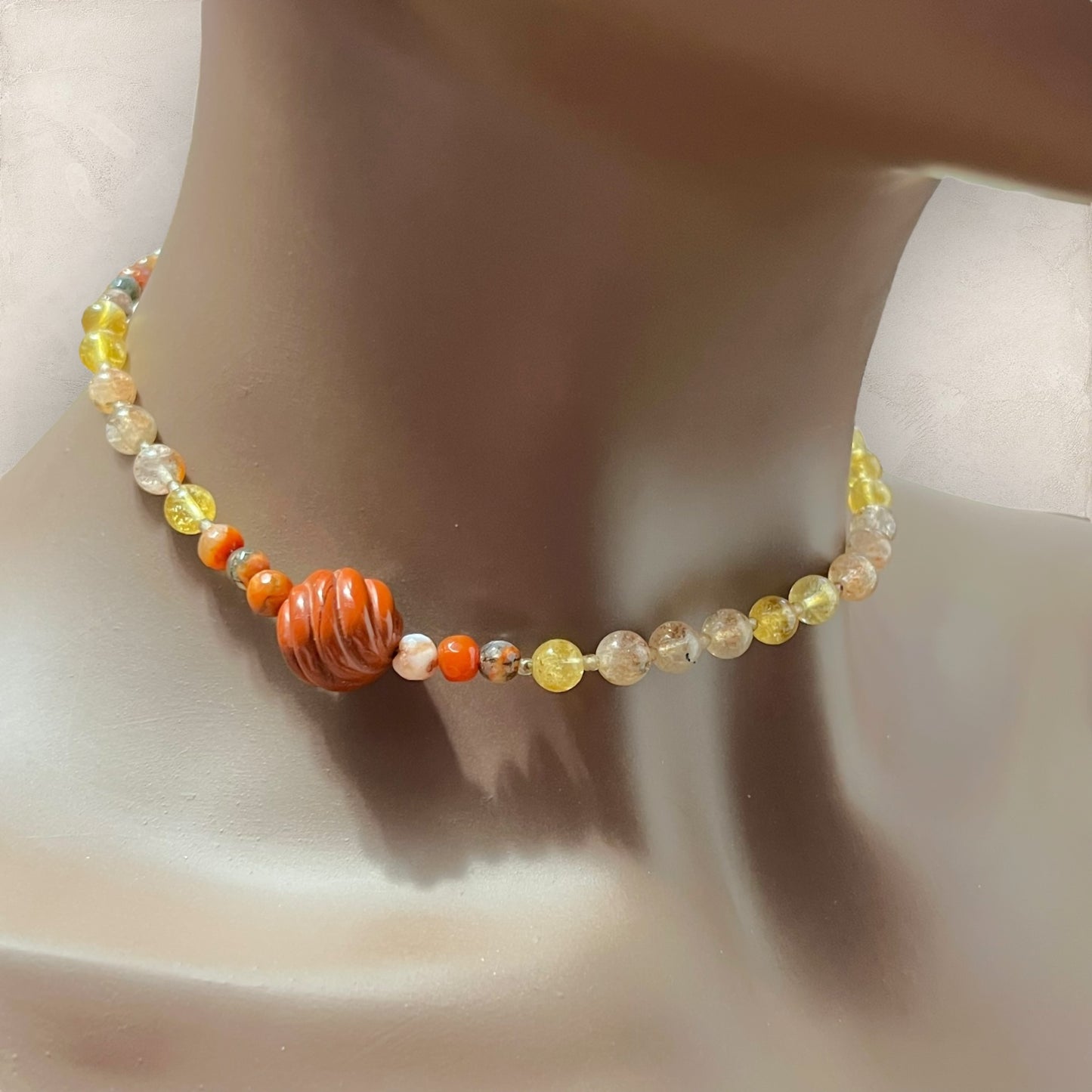 Carved Red Jasper Choker Necklace with Strawberry Quartz, Golden Healer, & Jasper