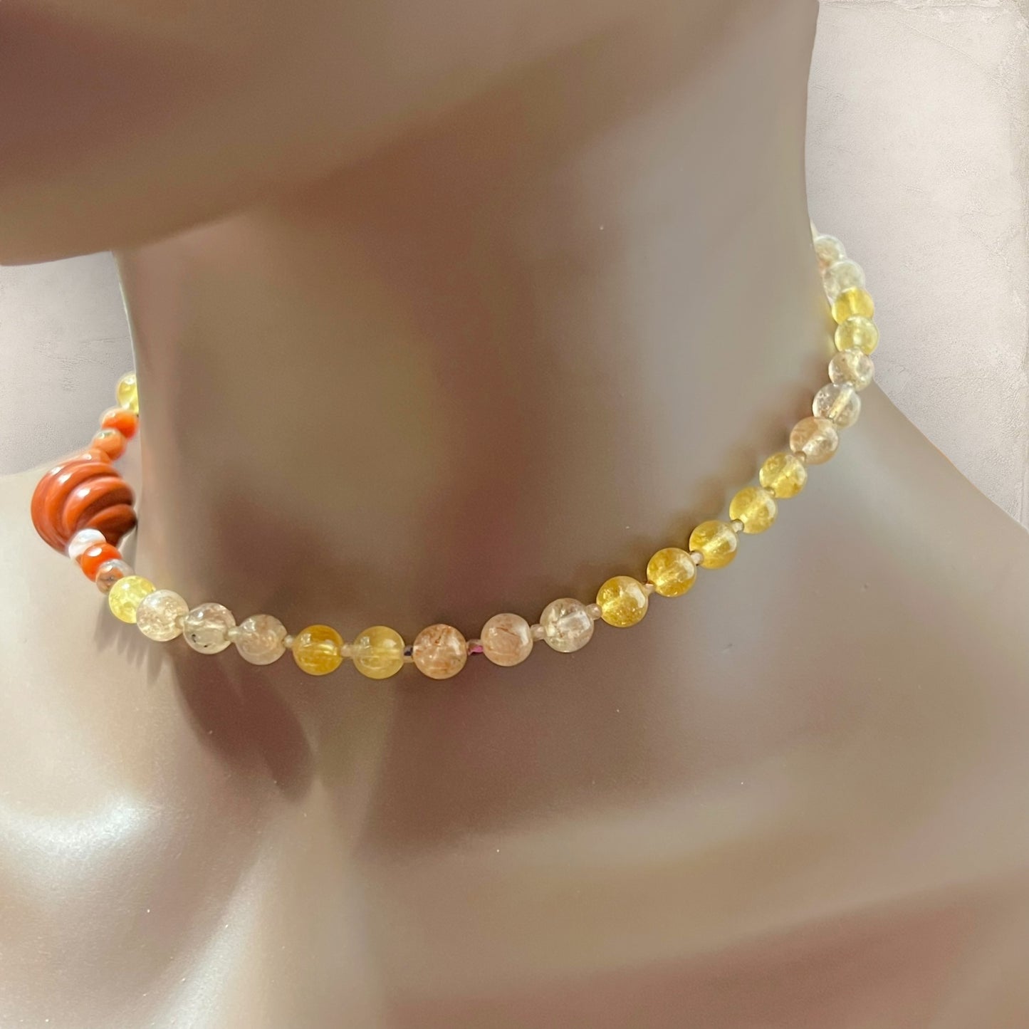Carved Red Jasper Choker Necklace with Strawberry Quartz, Golden Healer, & Jasper