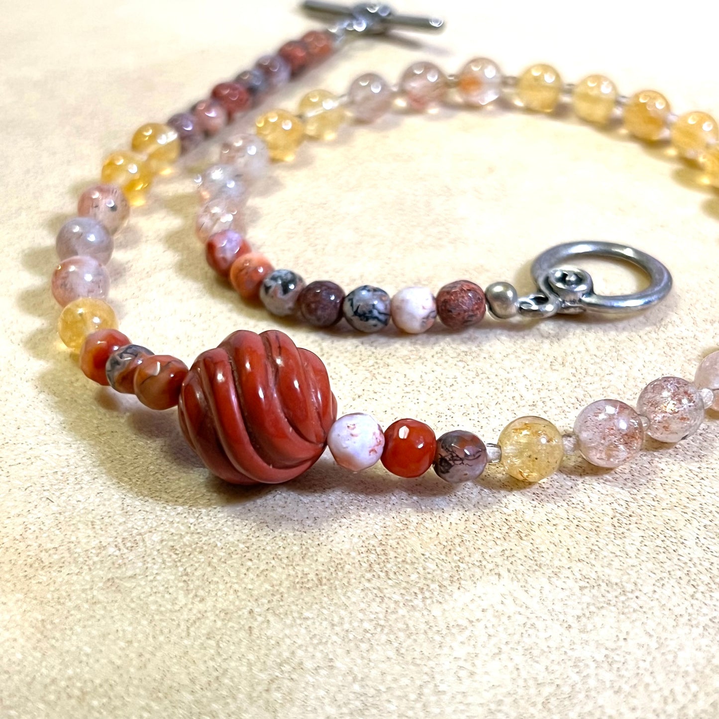 Carved Red Jasper Choker Necklace with Strawberry Quartz, Golden Healer, & Jasper