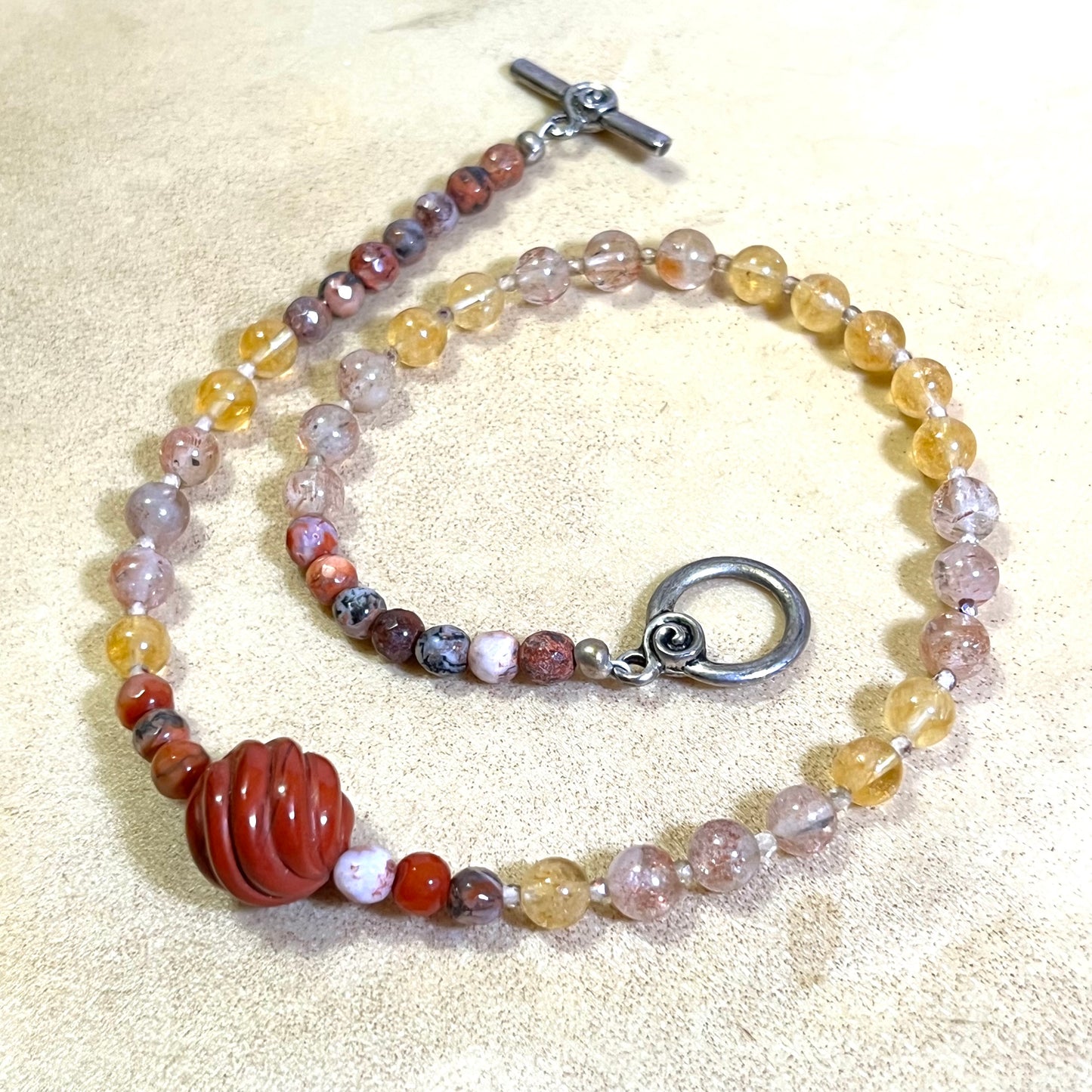 Carved Red Jasper Choker Necklace with Strawberry Quartz, Golden Healer, & Jasper