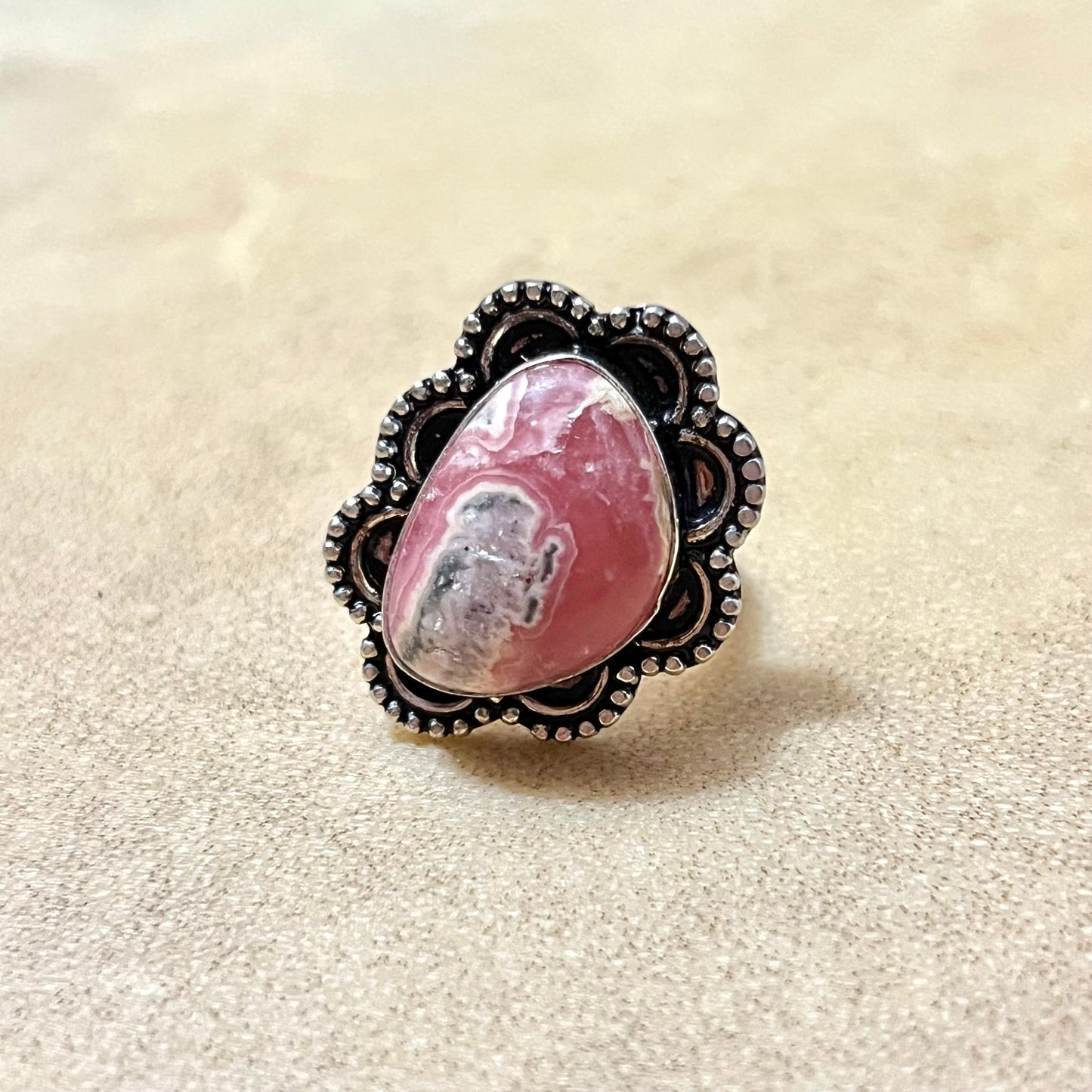 Rhodochrosite Crystal Silver Plated Copper Ring - Size 6.75