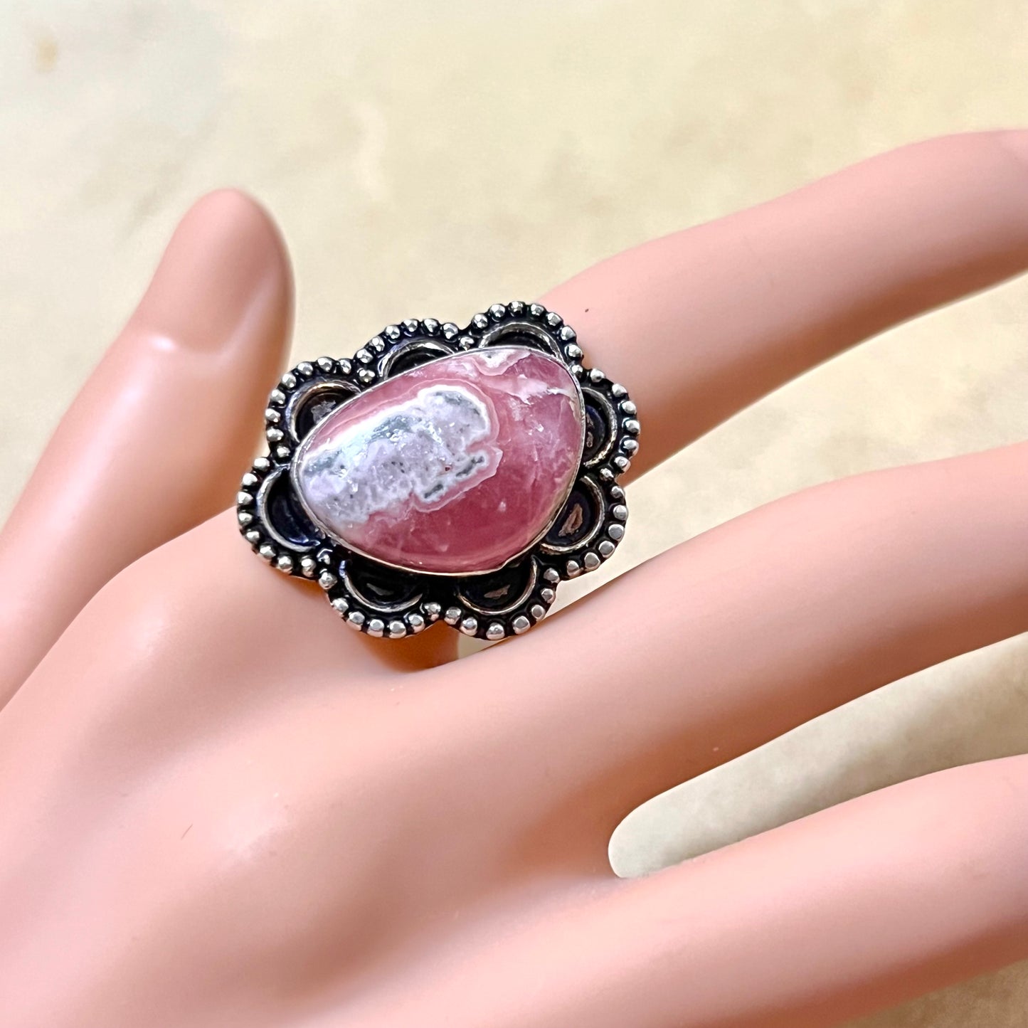 Rhodochrosite Crystal Silver Plated Copper Ring - Size 6.75