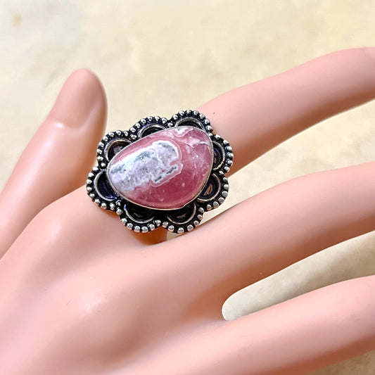 Rhodochrosite Crystal Silver Plated Copper Ring - Size 6.75