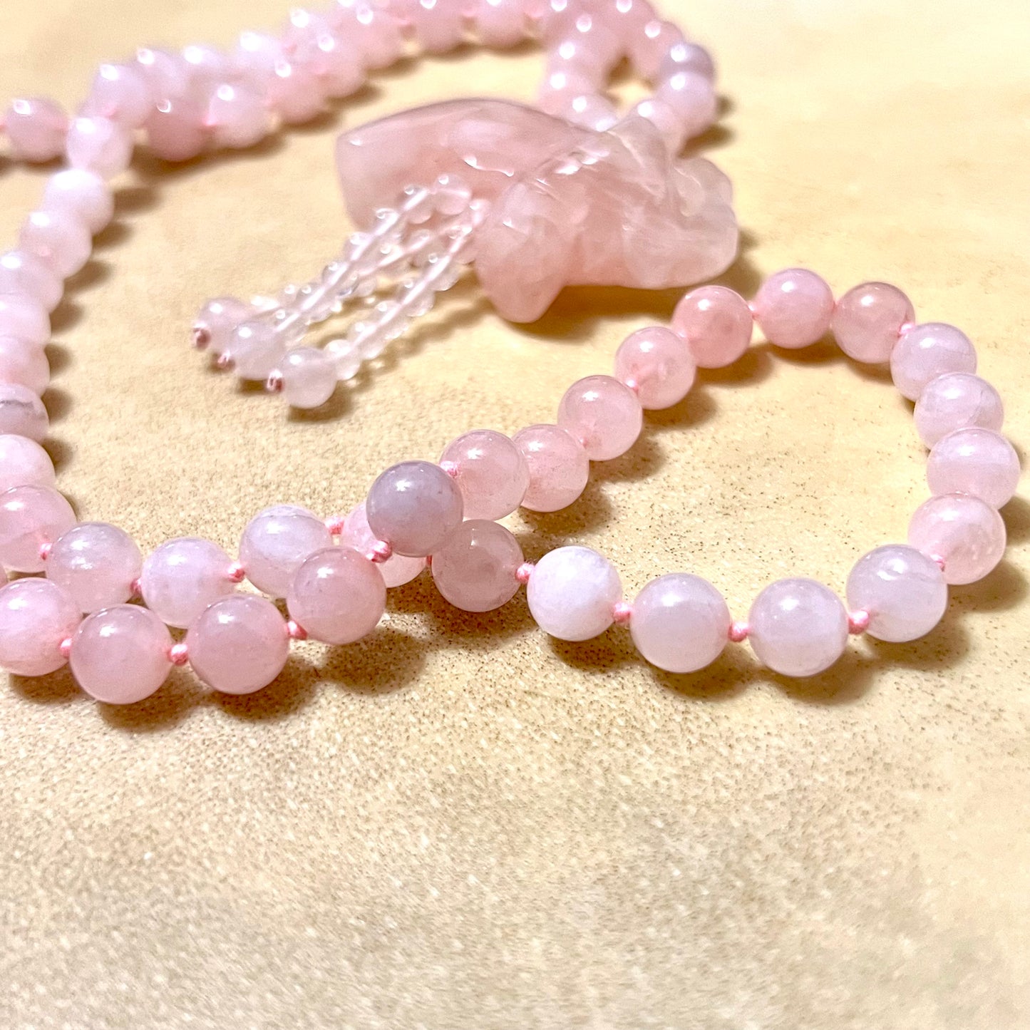 Rose Quartz Hand Knotted Beaded Necklace with Elephant Pendant - Vintage